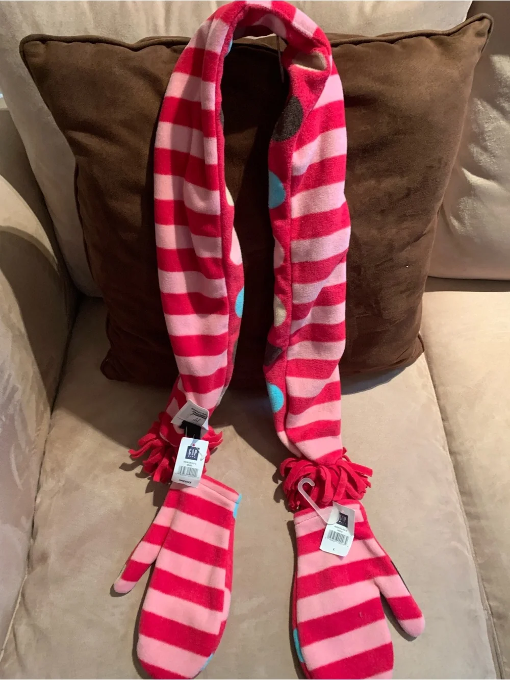 GAP Girls Pink & Hot Pink Striped Fleece Scarf with Mittens and Blue Dot Accents